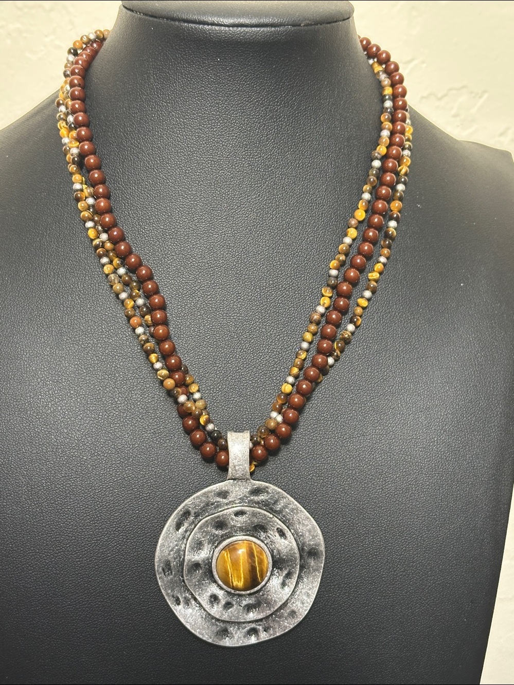 Premier Designs Tiger's Eye Hammered Medallion Multi-Strand Beaded Necklace